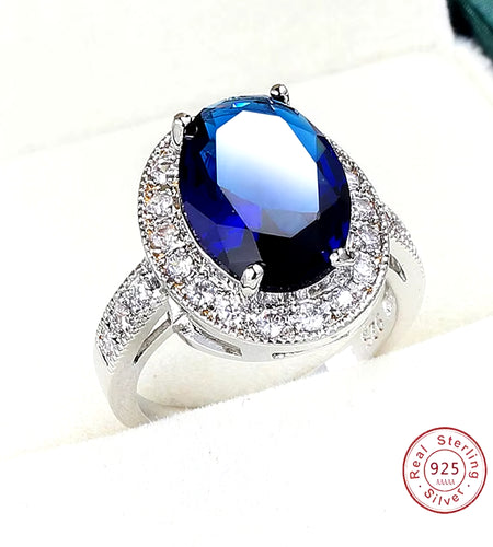 Romantic Female 1 Carat Zircon Stone Ring 925 Sterling Silver Blue AAA Mosaic Zircon Solitaire Promise Love Wedding Band Rings